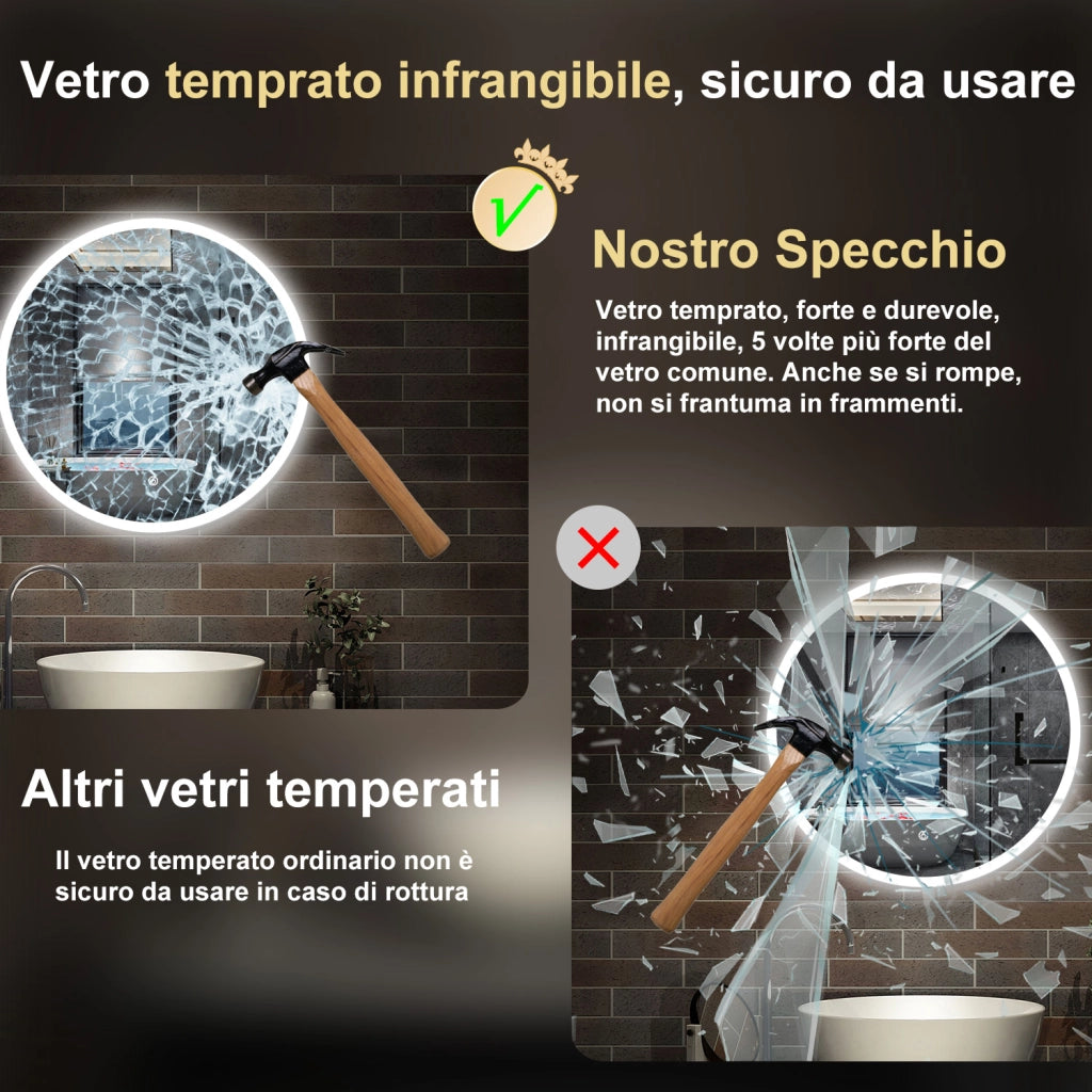 specchio 120 cm rotondo con luce led antiappannamento e touch