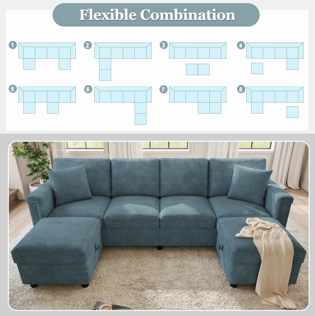 Divano modulare blu in ciniglia 261x134x82 cm con 2 pouf contenitore; USB e Type-C