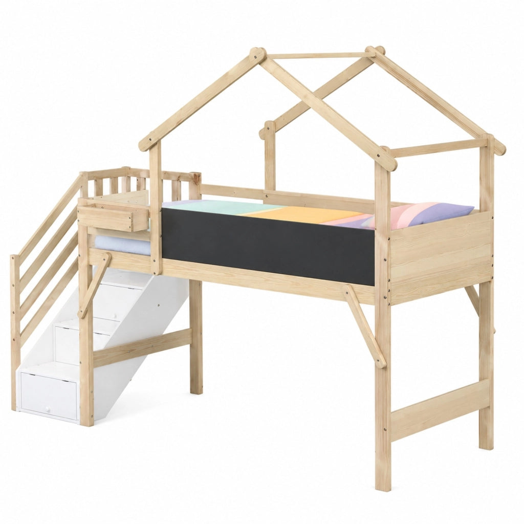 Letto a castello per bambini 90x200 cm con scala contenitore