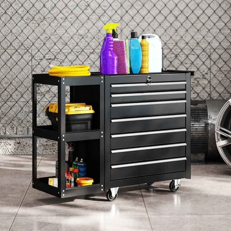 Carrello portautensili nero con 7 cassetti e ripiano removibile