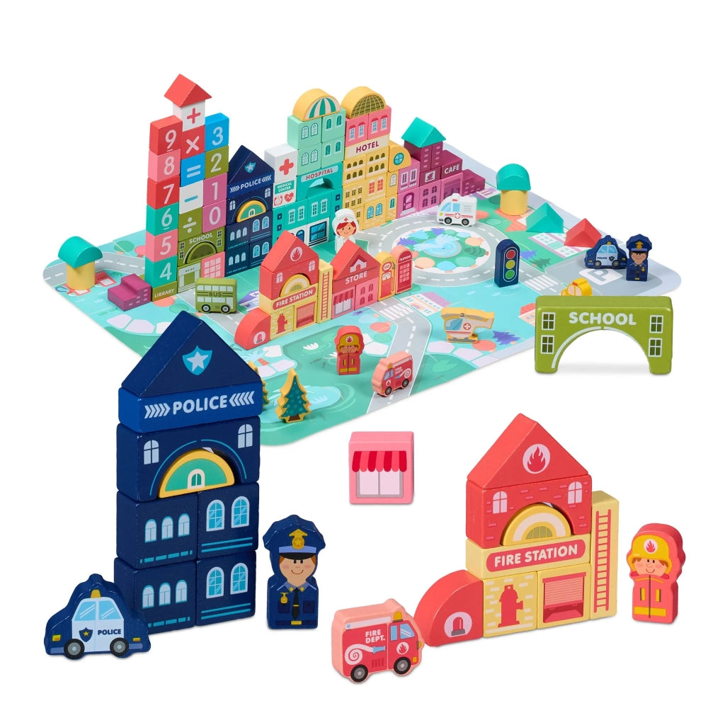 Lotto di 108 blocchi di costruzione città tappeto puzzle 55 x 42 cm stimolatore di immaginazione in MDF multicolore 13_0016116