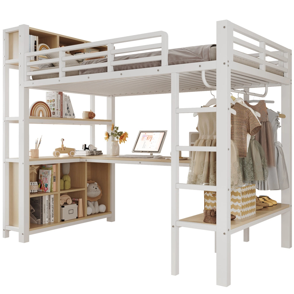 Letto a soppalco 90x200 cm con scrivania, appendiabiti e ripiani bianco