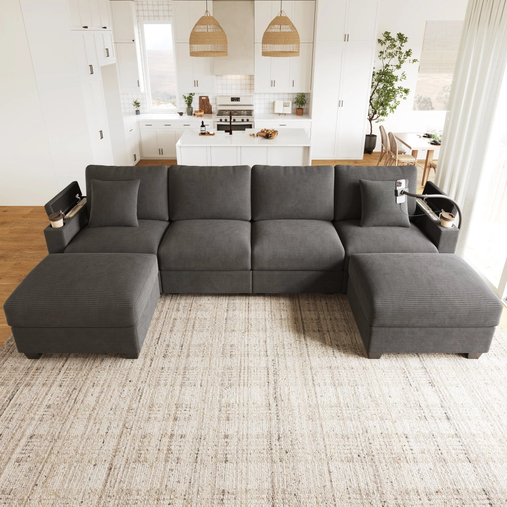 Divano panoramico convertibile 275;5 x 139 x 87 cm; a forma di U; modulare; porta telefono; porta USB; velluto a coste; grigio