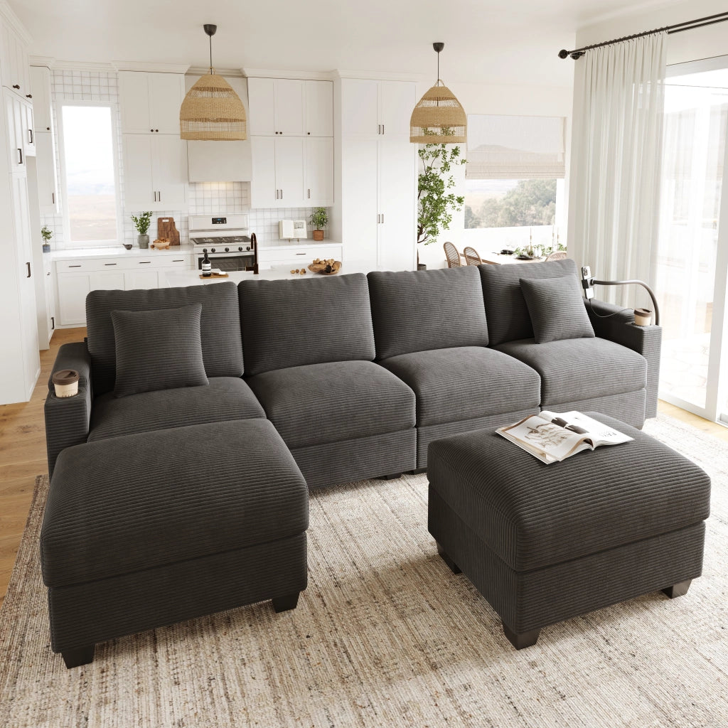 Divano panoramico convertibile 275;5 x 139 x 87 cm; a forma di U; modulare; porta telefono; porta USB; velluto a coste; grigio