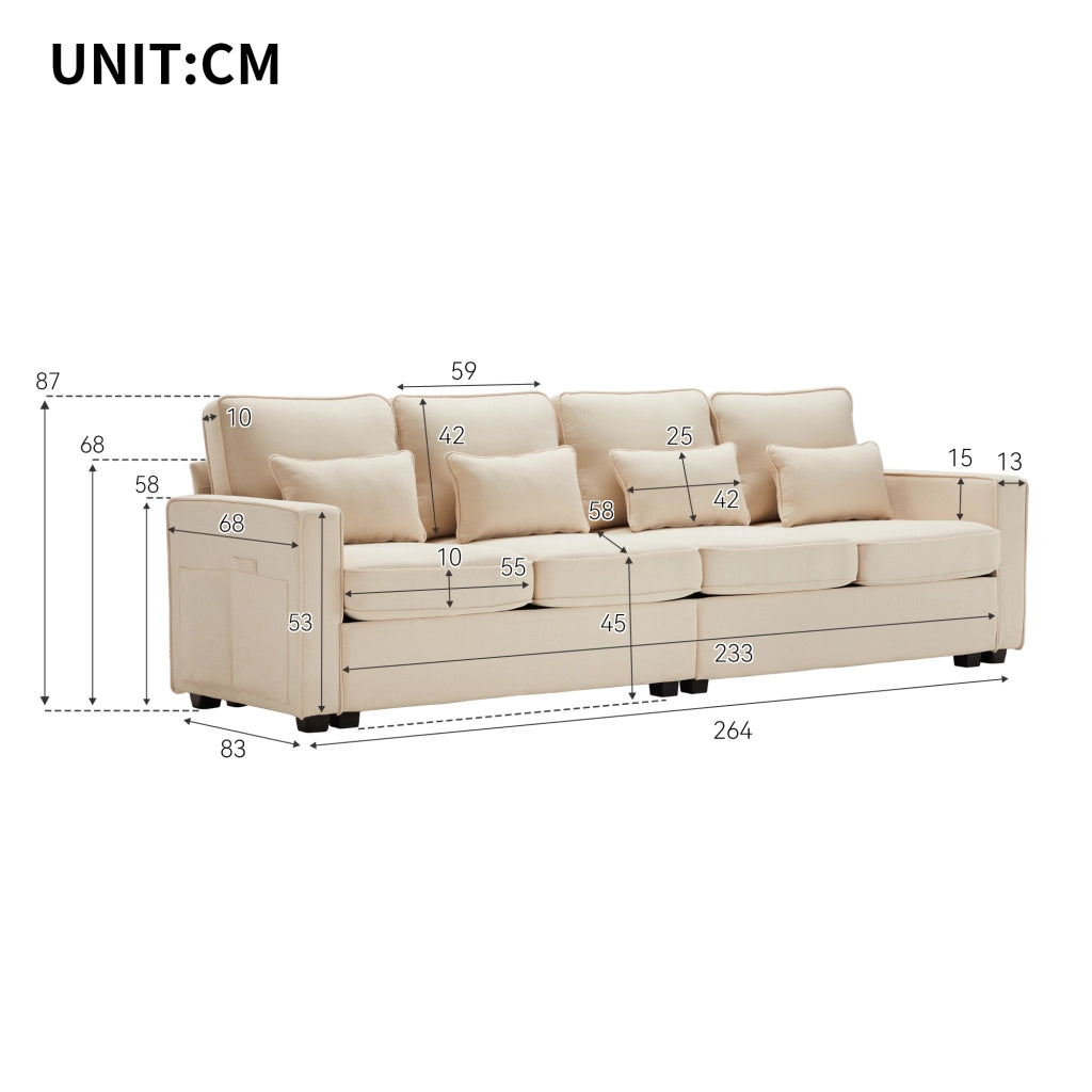 Divano 4 posti in tessuto di lino beige con tasche laterali e 4 cuscini, 264x83x87 cm