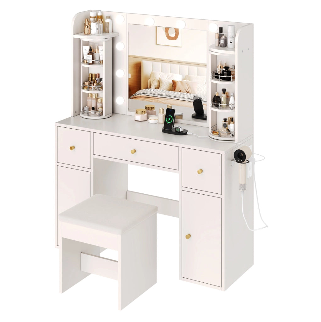 Toeletta con specchio LED dimmerabile; organizer girevole; USB-C e 3 cassetti; bianca