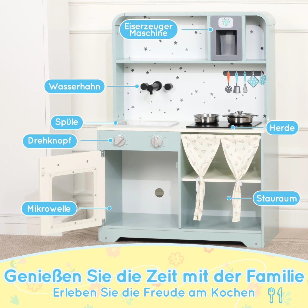 Cucina giocattolo per bambini con distributore di ghiaccio, microonde e accessori in MDF blu 29 × 60 × 81 cm