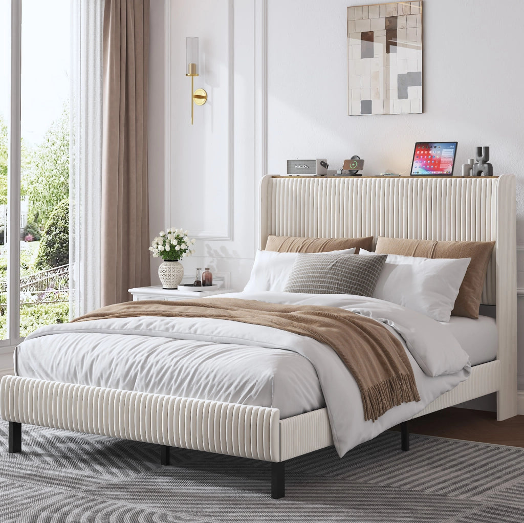 Letto imbottito 140x200 cm in velluto a coste beige