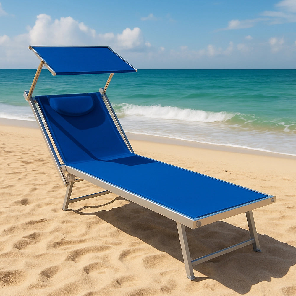 Lettino Sdraio Reclinabile per Mare Piscina e Giardino Total Blu con Parasole