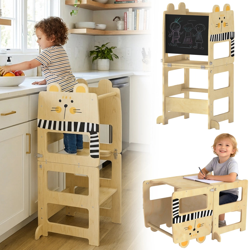 Torre di Apprendimento 3 in 1 ¨C Xylo ¨C Pieghevole Convertibile Scrivania Sedia con Lavagna Gatti Legno Naturale