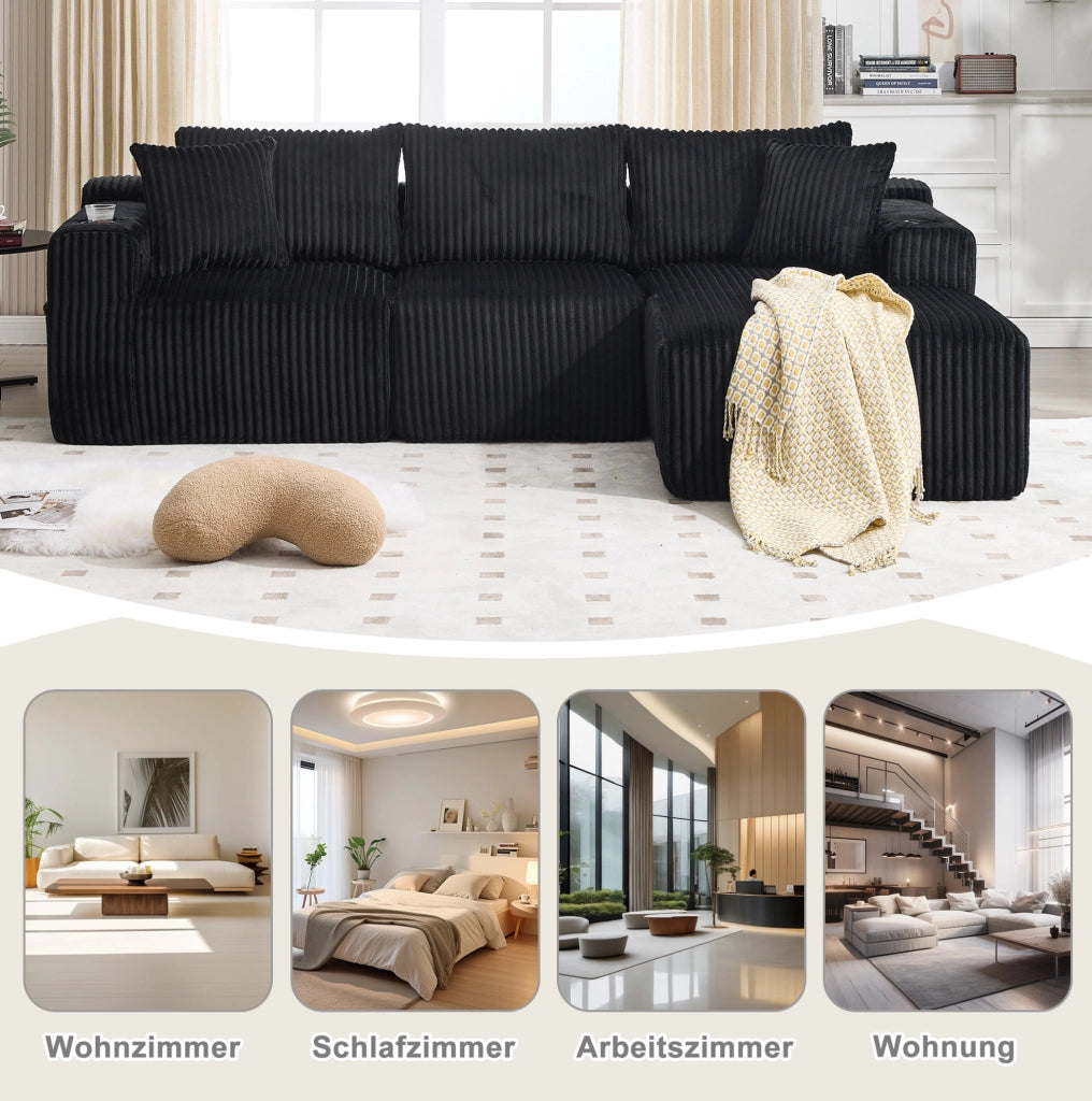 DIVANO modulare con chaise longue e 2 posti 257x90-160x62 cm nero