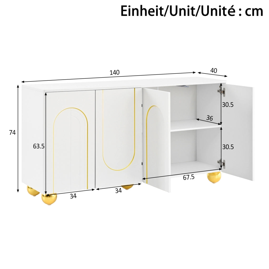 Credenza ULEVR 140x40x74 cm con 4 ante, ripiani interni e decoro ad arco dorato, bianca