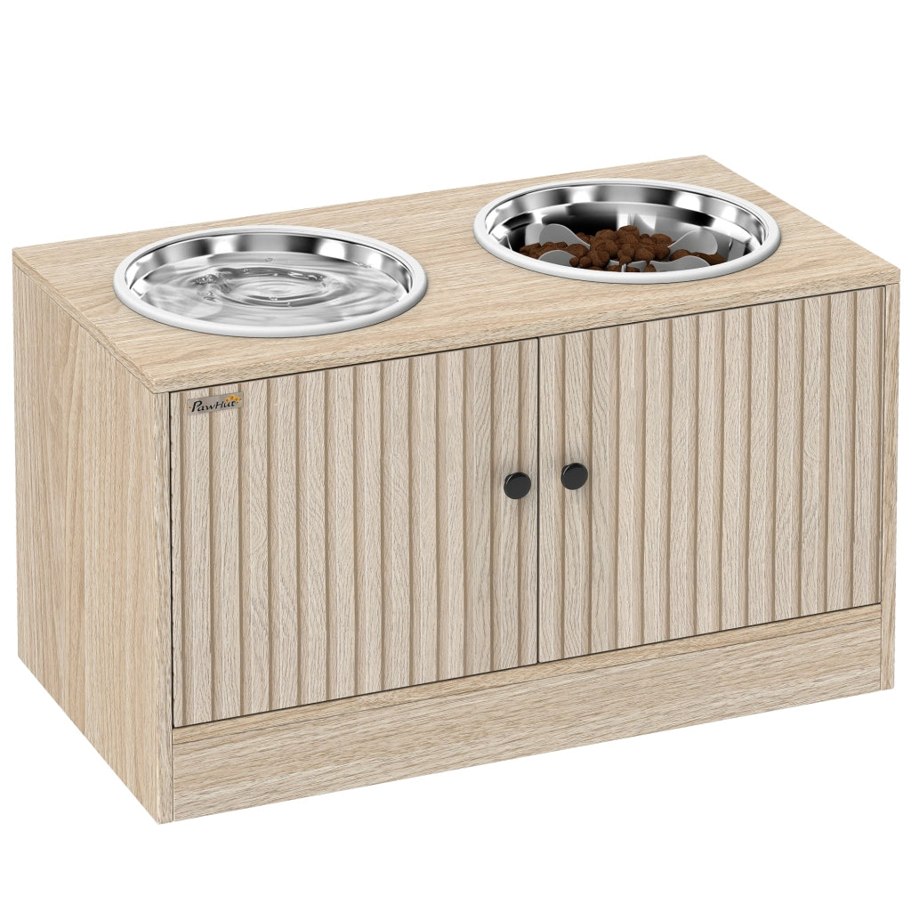 Contenitore per Cibo Cani con 2 Ciotole in Acciaio ¨C Minimal ¨C 60x30x35,5 cm Quercia