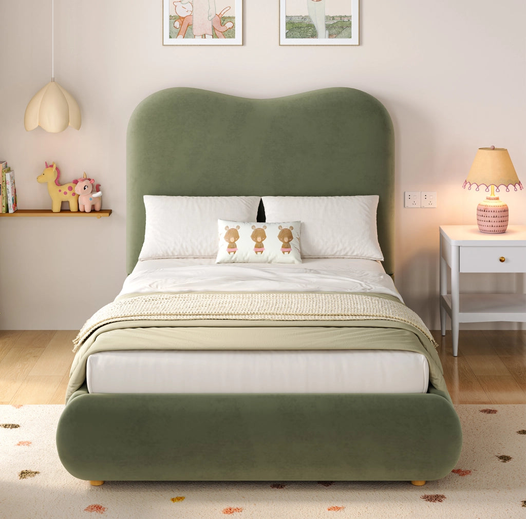 Letto imbottito per bambini verde in velluto con contenitore