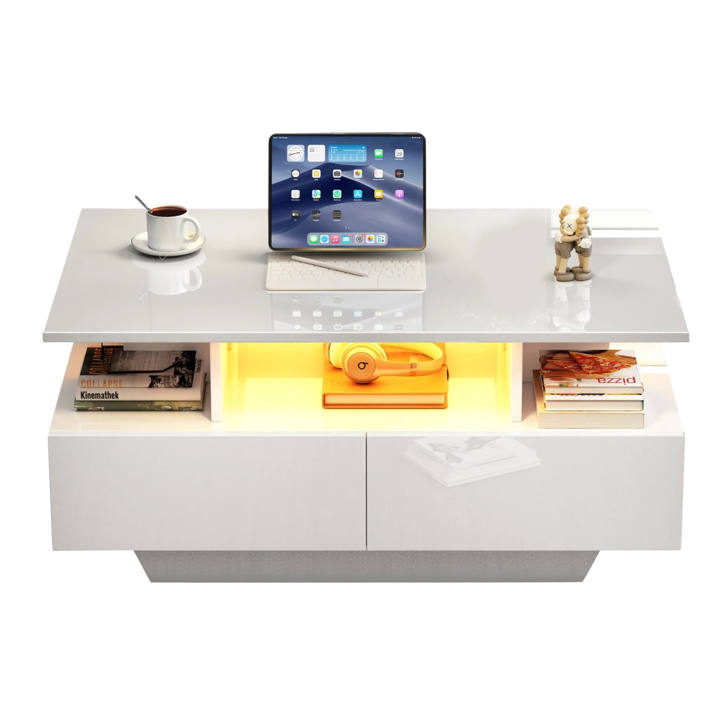 TAVOLINO DA CAFFÈ 90x55x41 cm Bianco lucido con LED e 2 cassetti