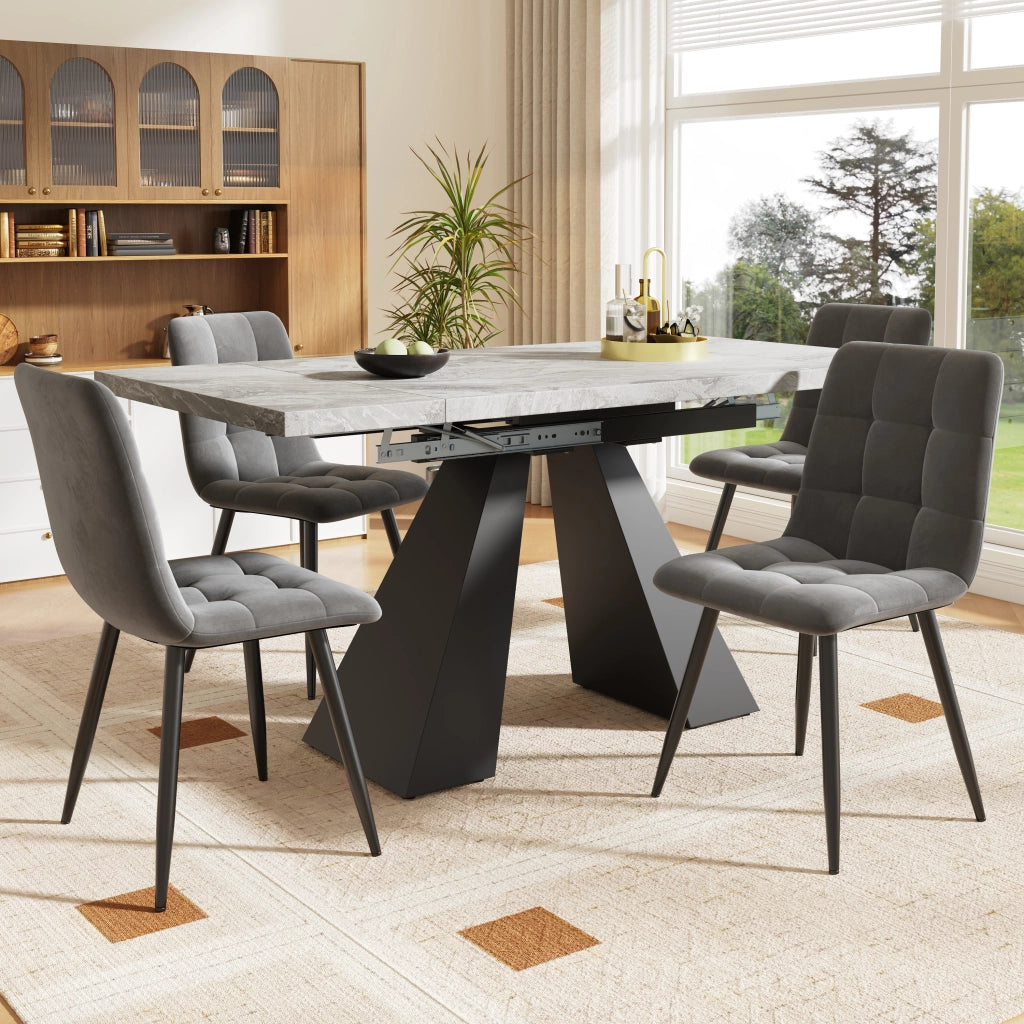 Set tavolo e sedie 5 pezzi tavolo allungabile MDF effetto marmo nero 4 sedie velluto grigio 99-159 × 74 × 77 cm