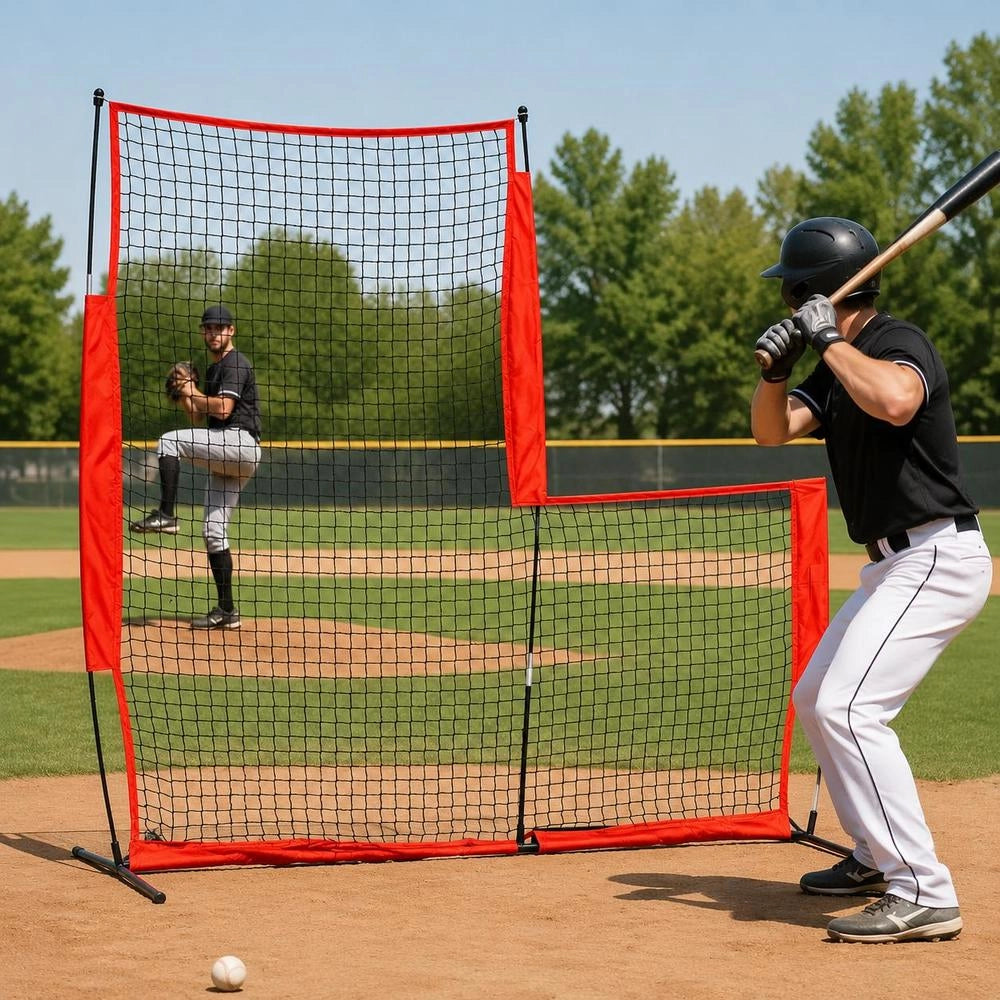 L-type Bat Cage 240 X 106 X 214 Cm Baseball And Softball Safety Screen Body Protection Portable Batting Screen With Carrying Bag & Ground Stakes, Outdoor Baseball Pitching Net Red