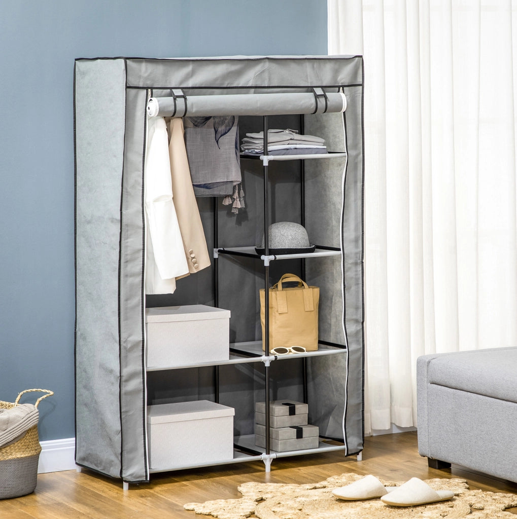Armadio in tessuto grigio 103 x 43 x 162,5 cm con asta e 6 ripiani
