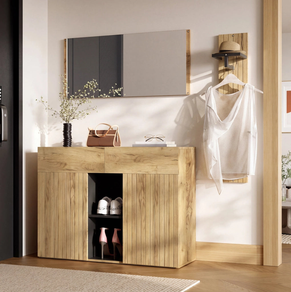 Set ingresso 3 pezzi con scarpiera; appendiabiti e specchio; 125x35x178 cm; MDF e truciolare