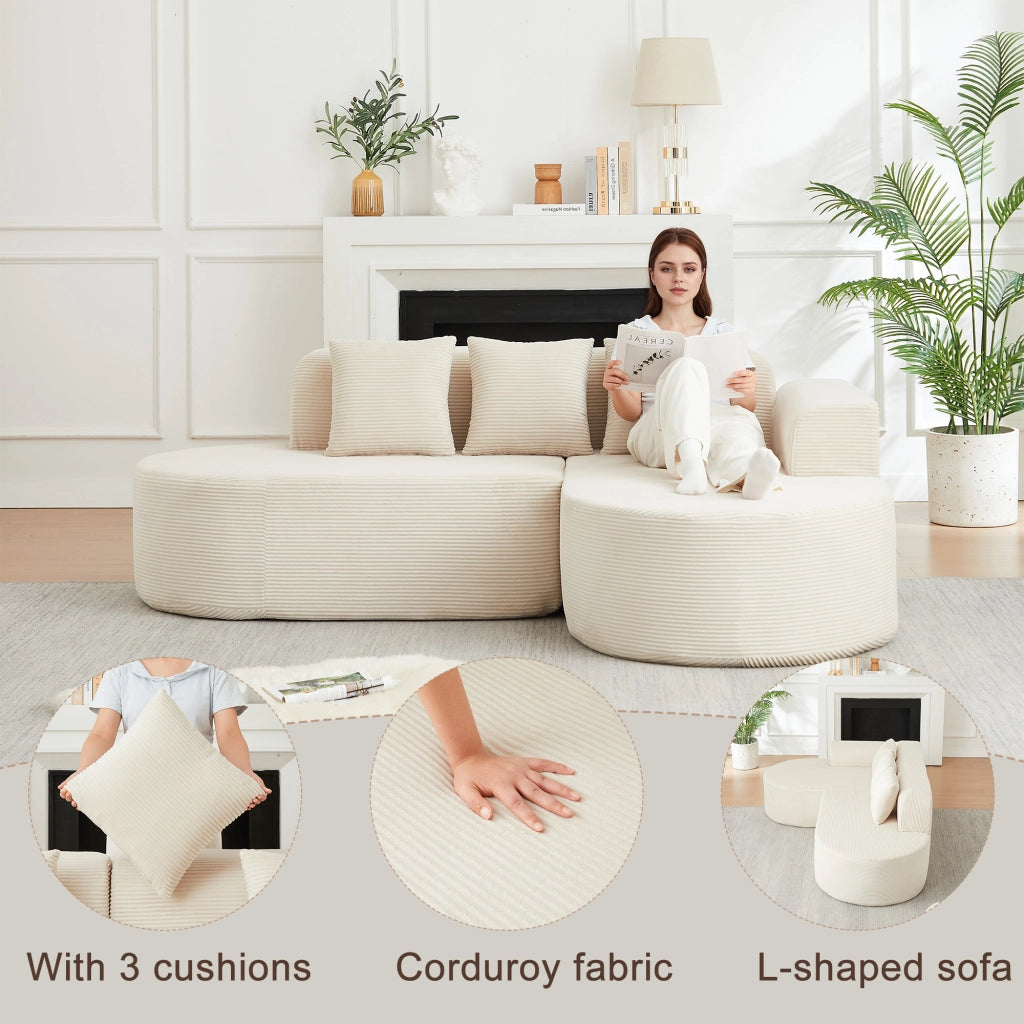 Divano angolare a L in velluto a coste beige con due moduli schienale e braccioli curvi con tre cuscini