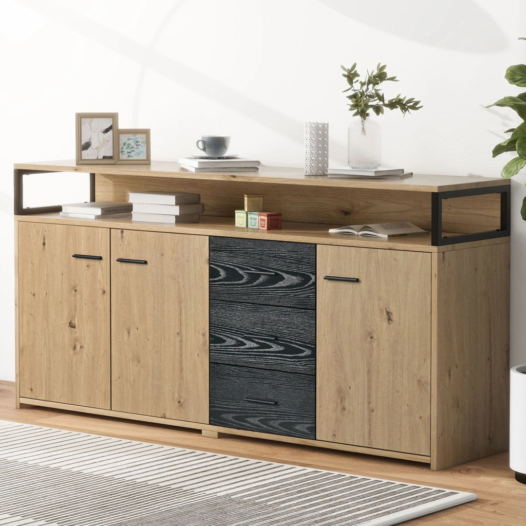 Sideboard moderno 150x35x75;9 cm con 3 porte e 3 cassetti; nero e colore legno