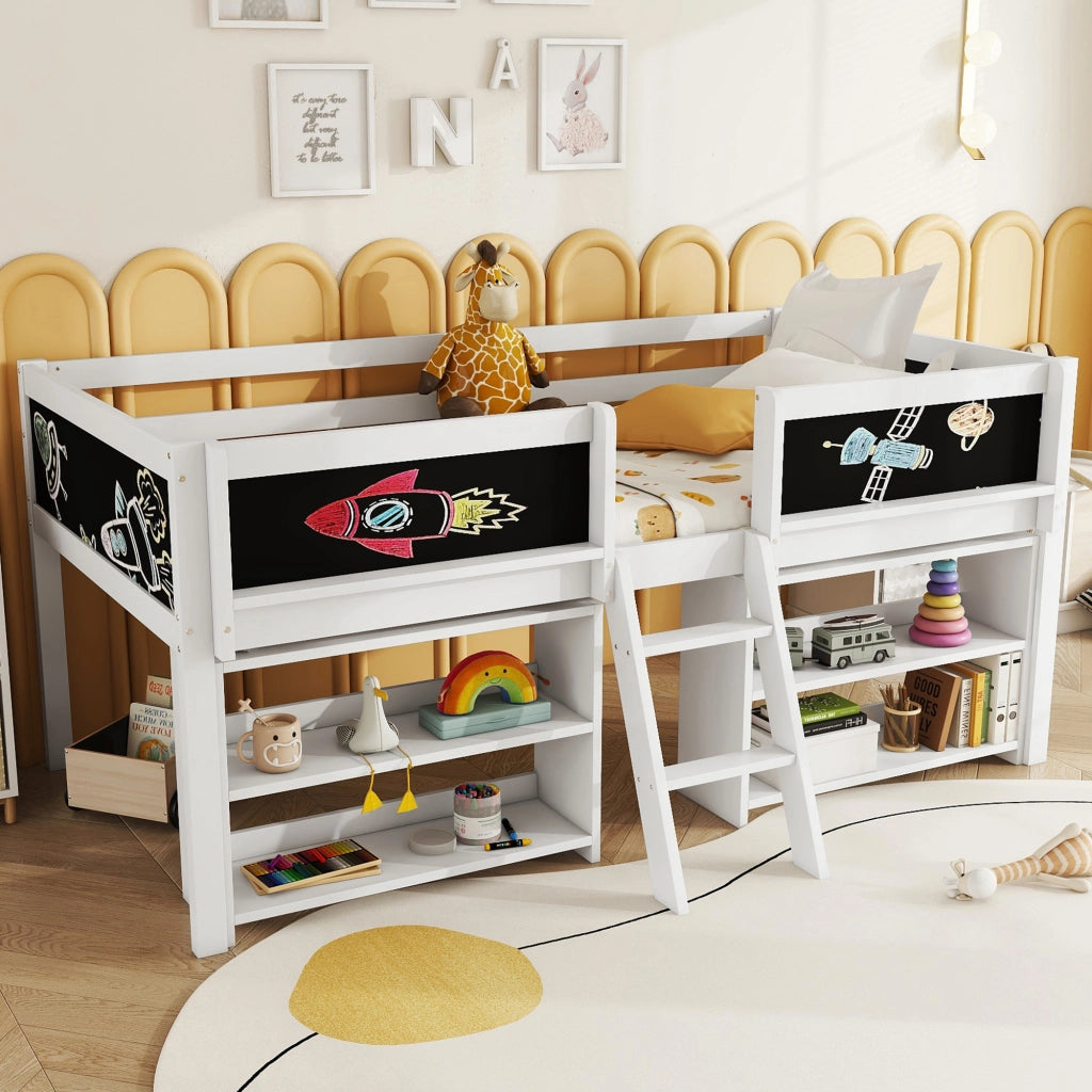 Letto per Bambini Semialto 90x200 cm con Ripiani; Scala e Sponde di Sicurezza; Pino e MDF Bianco