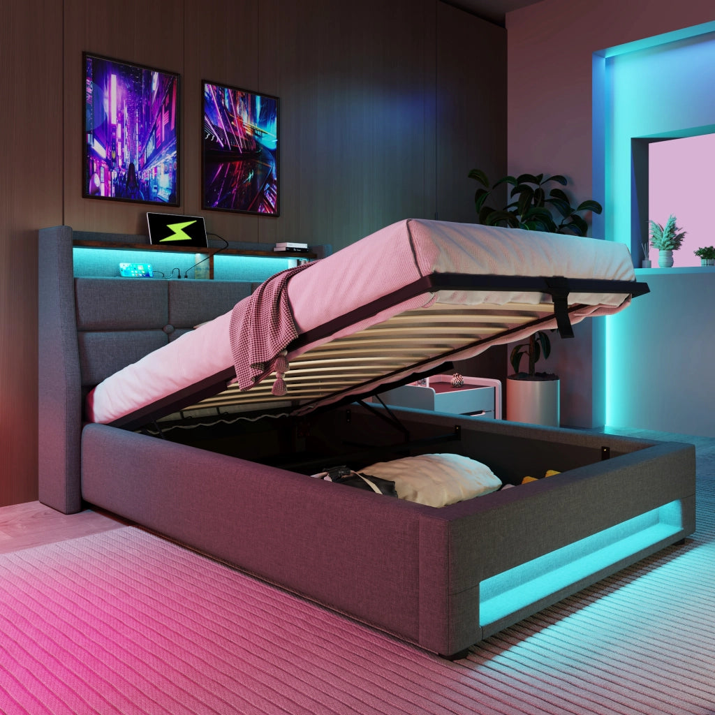 Letto singolo imbottito 90x200 cm con contenitore e luci LED