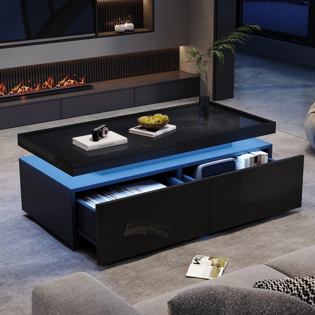 TAVOLINO DA CAFFÈ 95x45x35 cm Nero Lucido con LED e 2 Cassetti