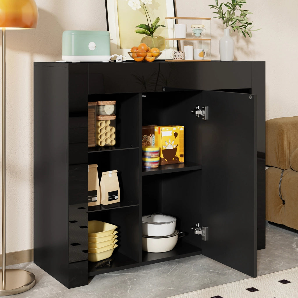 Credenza moderna nera con frontale lucido e ripiani in vetro; 95x35x83 cm