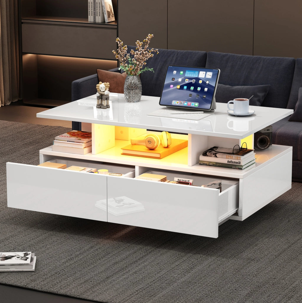 TAVOLINO DA CAFFÈ 90x55x41 cm Bianco lucido con LED e 2 cassetti