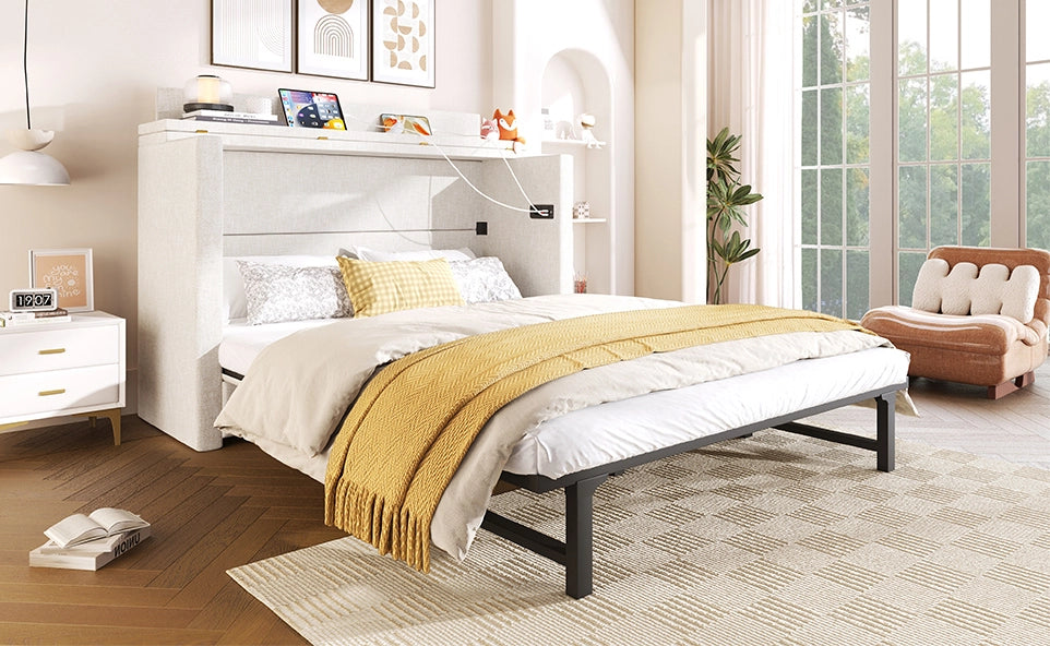 Letto a scomparsa mobile 140x200 cm beige con USB e cassetto