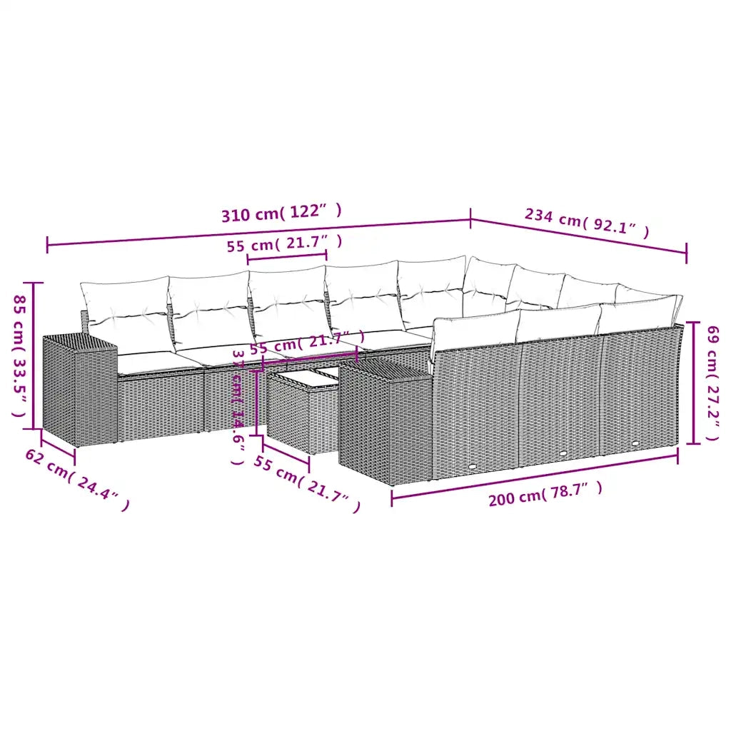 Set Divani da Giardino 11 pz con Cuscini in Polyrattan Nero 3223094