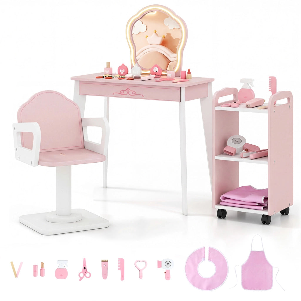 Set toeletta per bambini tavolo da parrucchiere con poltrona girevole e carrello con ruote, Postazione trucco con asciugacapelli e pettine