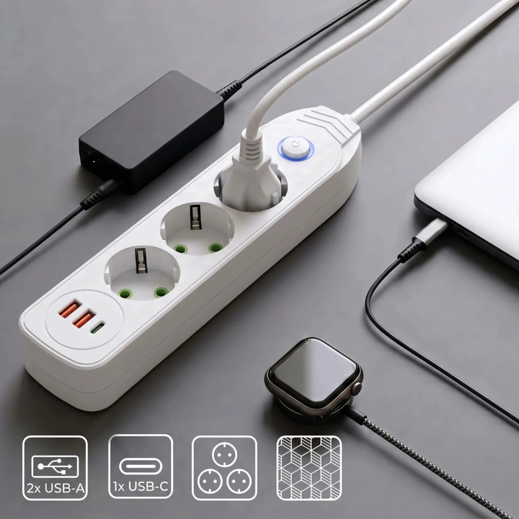 Multipresa Con Prolunga, 3 Prese + 2 Porte Usb-a + Usb-c Jnh024-3b White