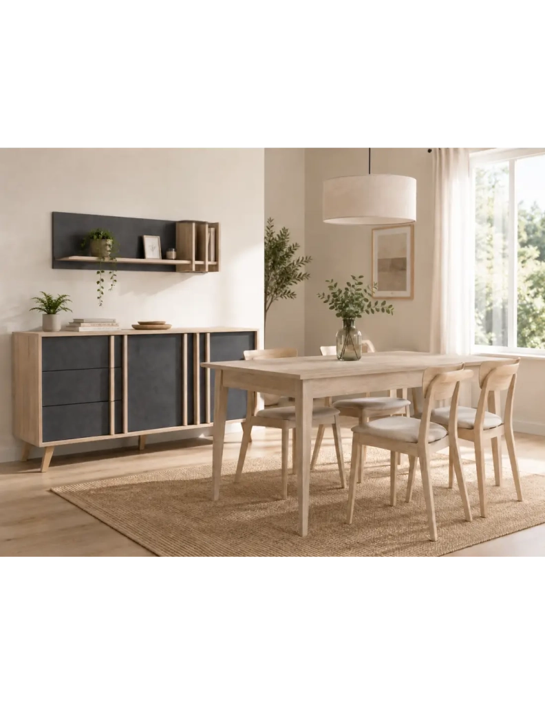Sala da pranzo completa MALMO con tavolo 160 cm, buffet 165 cm e mensola da parete – Rovere chiaro e grigio