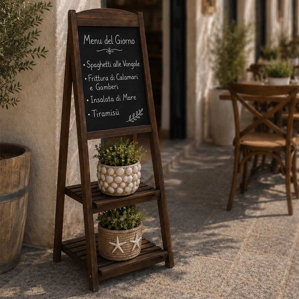 Lavagna pubblicitaria in legno marrone con due mensole per bar ristoranti h 112