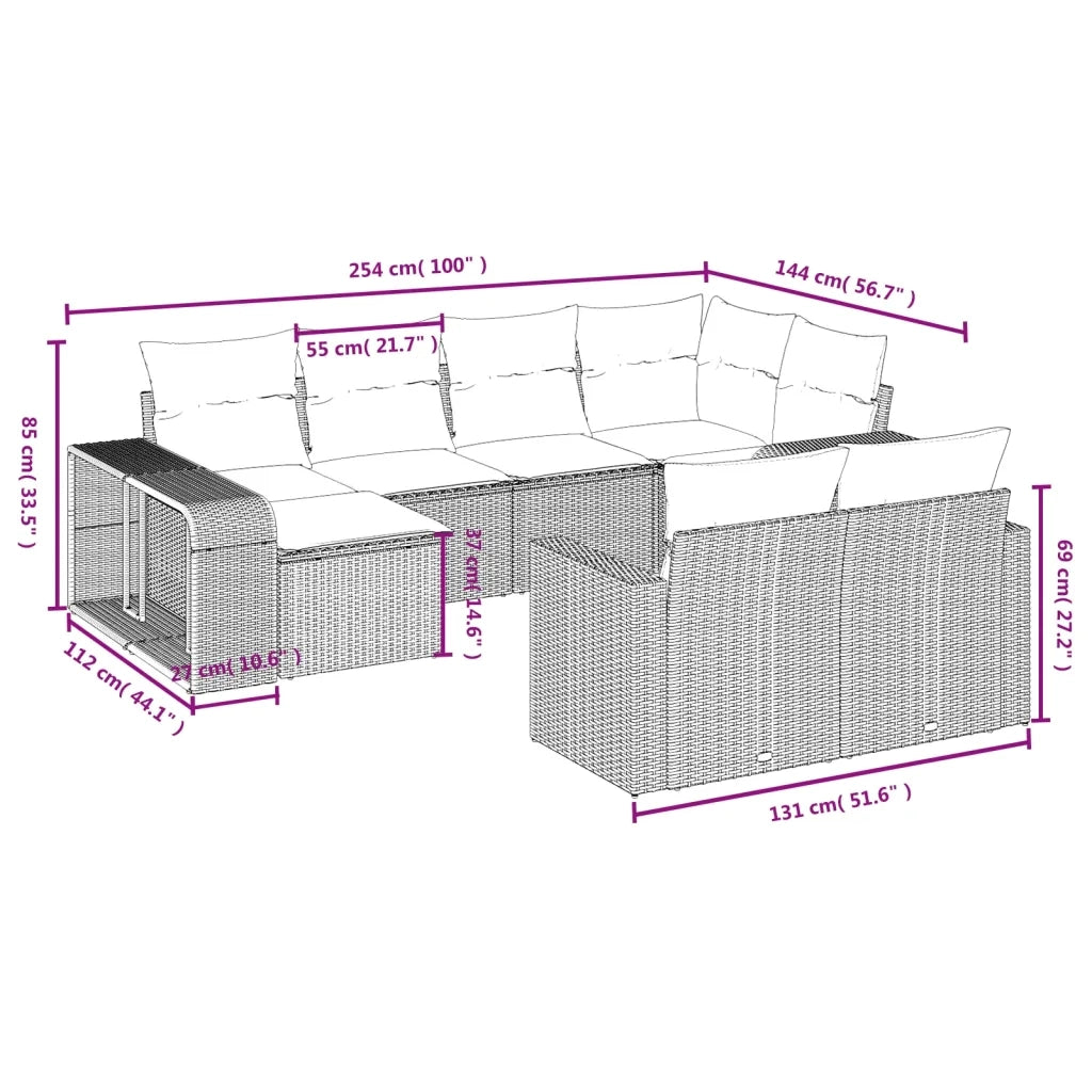 Set Divano da Giardino 10 pz con Cuscini Beige in Polyrattan