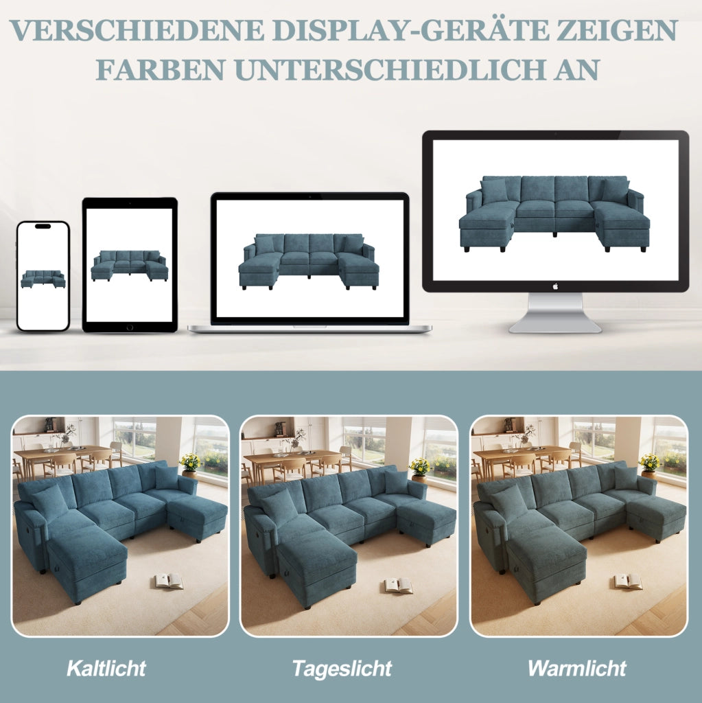 Divano modulare blu in ciniglia 261x134x82 cm con 2 pouf contenitore; USB e Type-C