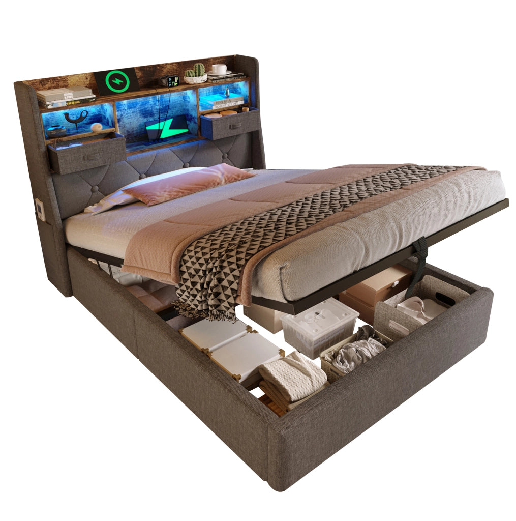 Letto imbottito 90x200 cm con contenitore idraulico, LED e prese USB Type-C, grigio