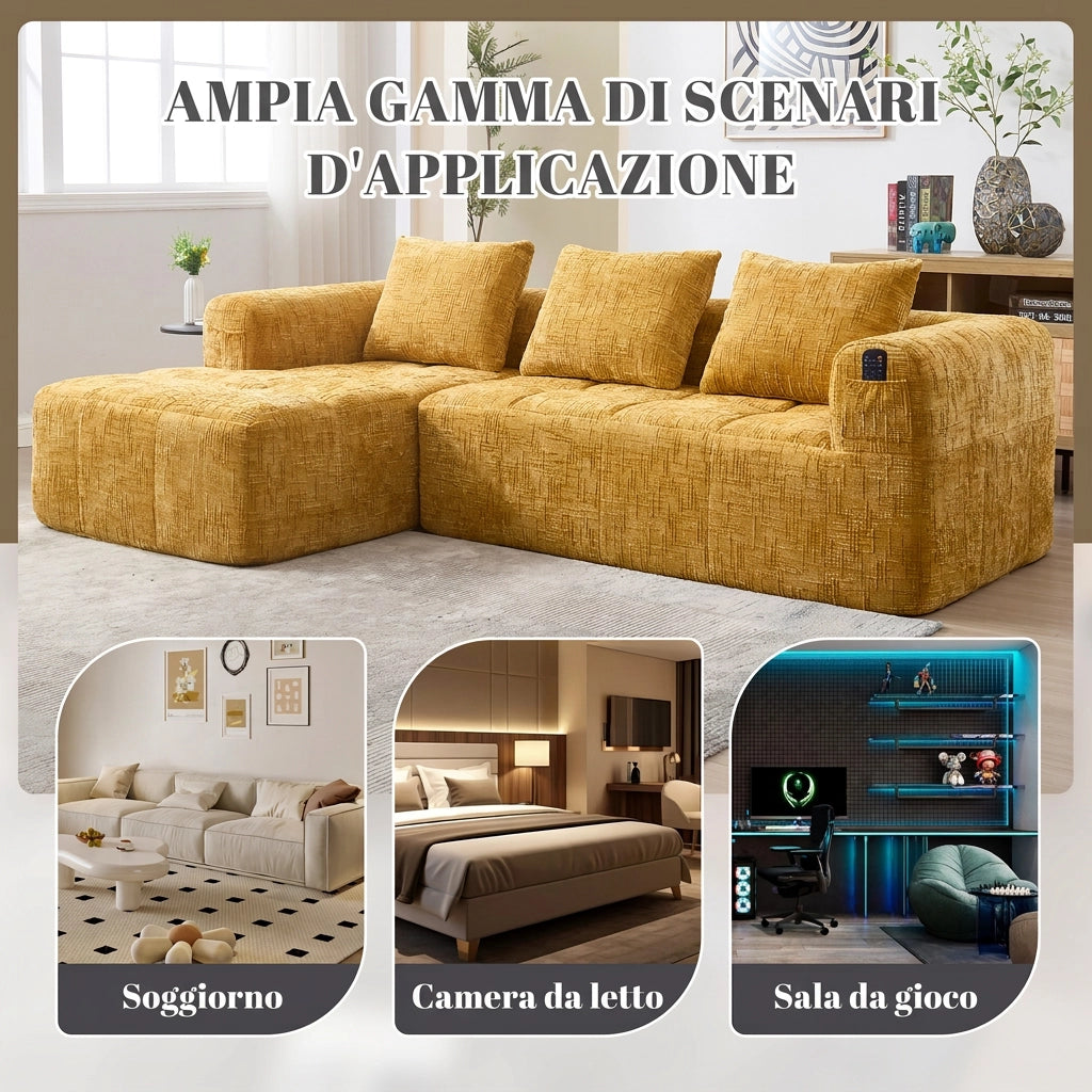 Divano componibile 3 posti in ciniglia gialla con chaiselongue; 250 cm