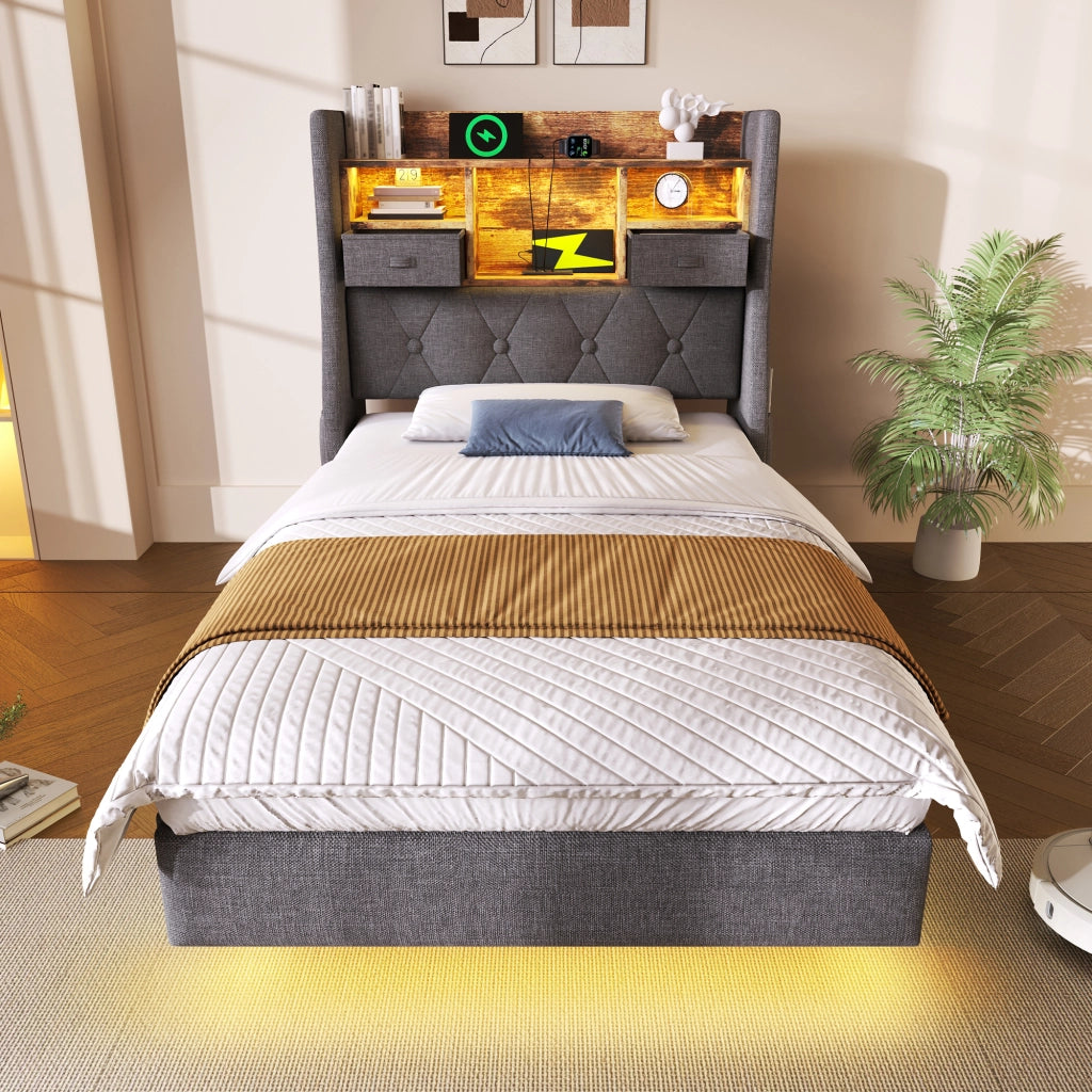 Letto Singolo 90x200 cm Imbottito in Lino Grigio con Testiera Contenitore; LED e Prese USB/Type-C