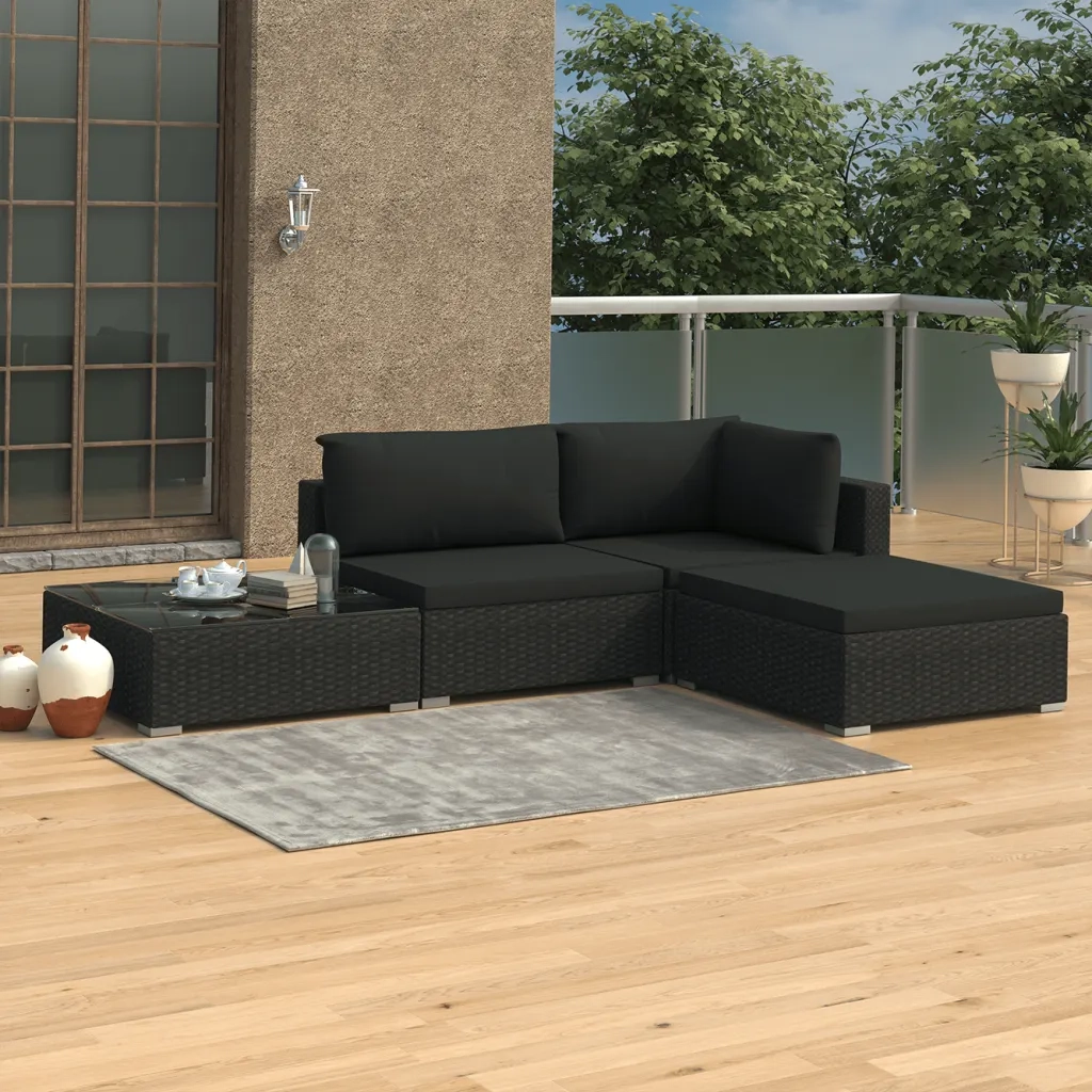 Set Divani da Giardino 4 pz con Cuscini in Polyrattan Nero