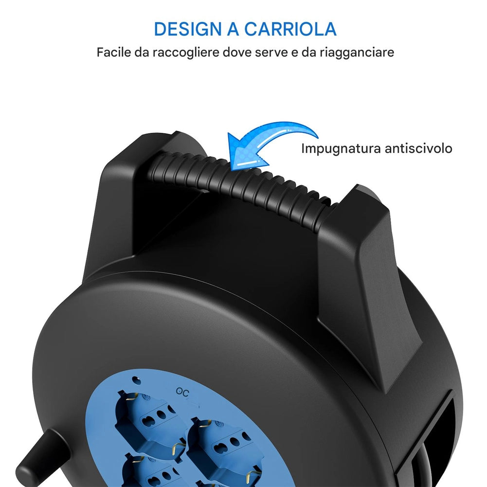 Avvolgicavo Multipresa 12 Metri con Interruttore di Protezione Prolunga 4 Prese