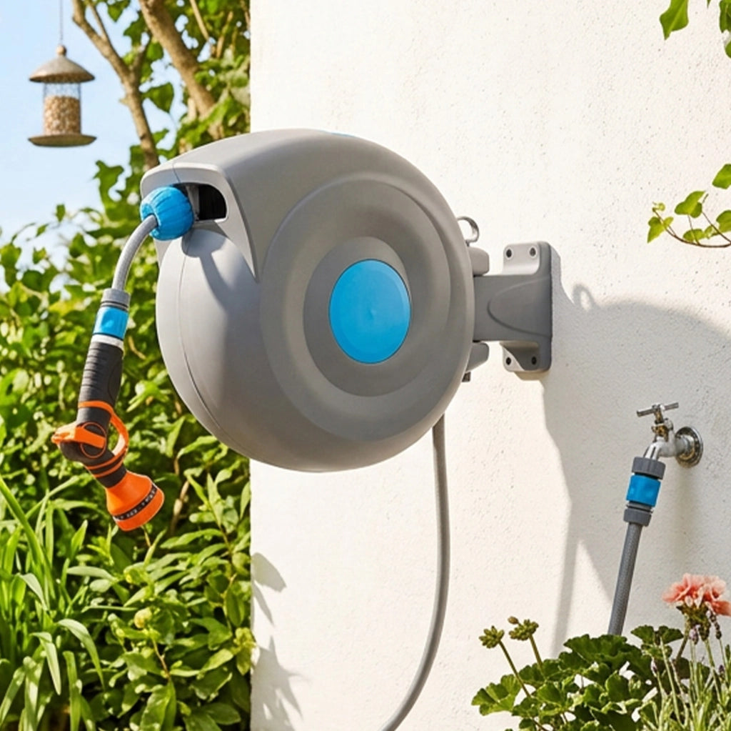 Avvolgitubo da parete 20 m blu, riavvolgimento automatico, girevole 180°