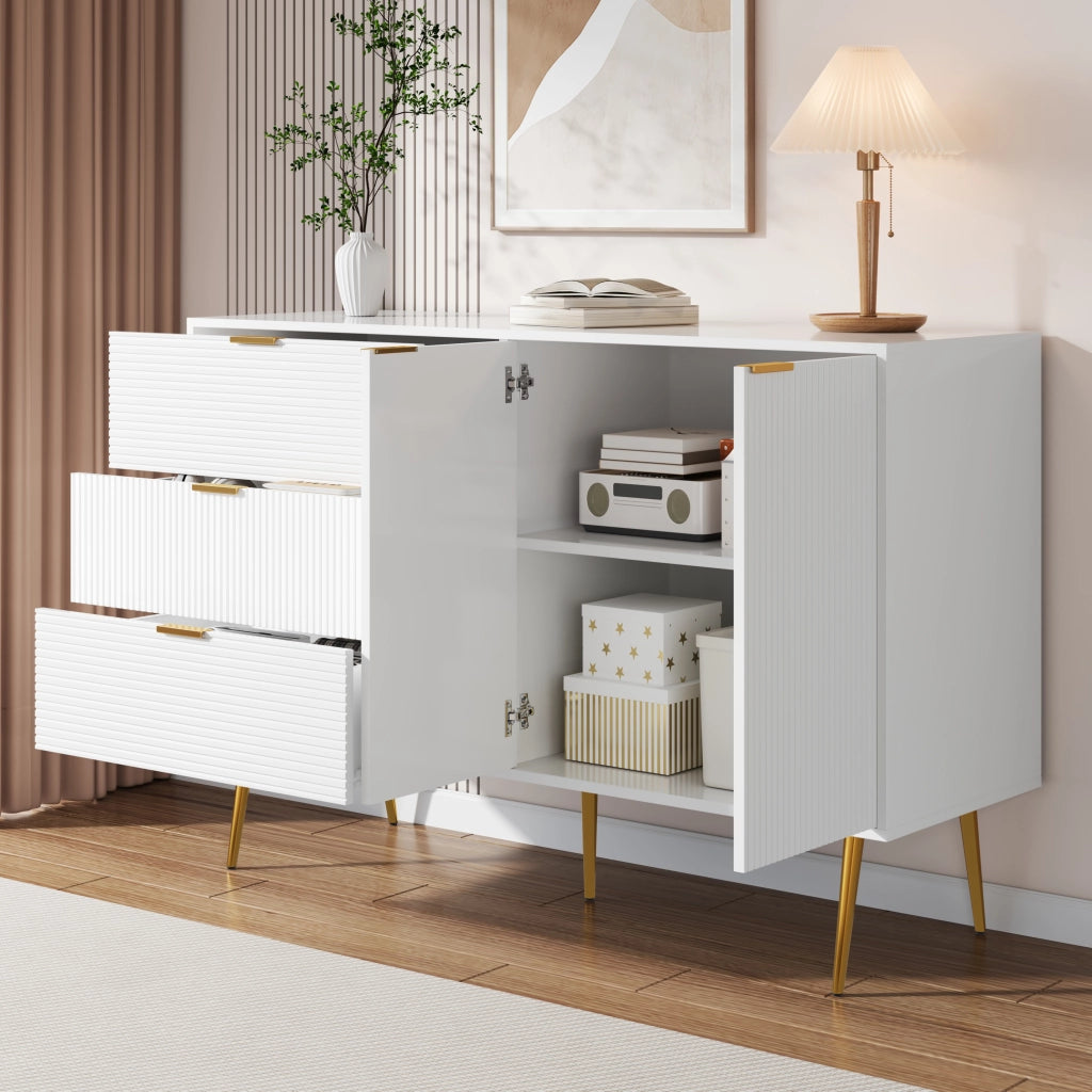 Sideboard moderno 120 x 38 x 80;5 cm in MDF bianco e oro con 3 cassetti e 2 ante