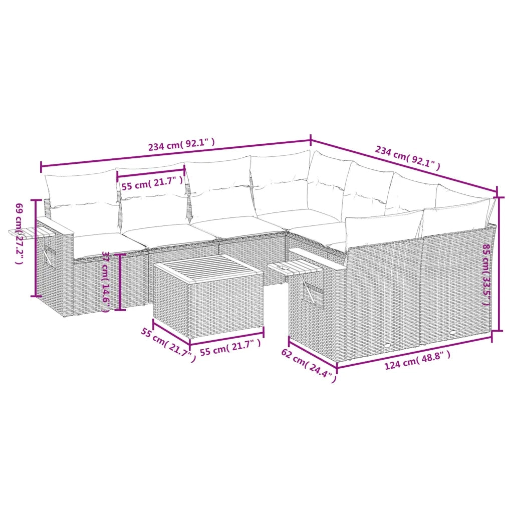 Set Divano da Giardino 9 pz con Cuscini Grigio in Polyrattan