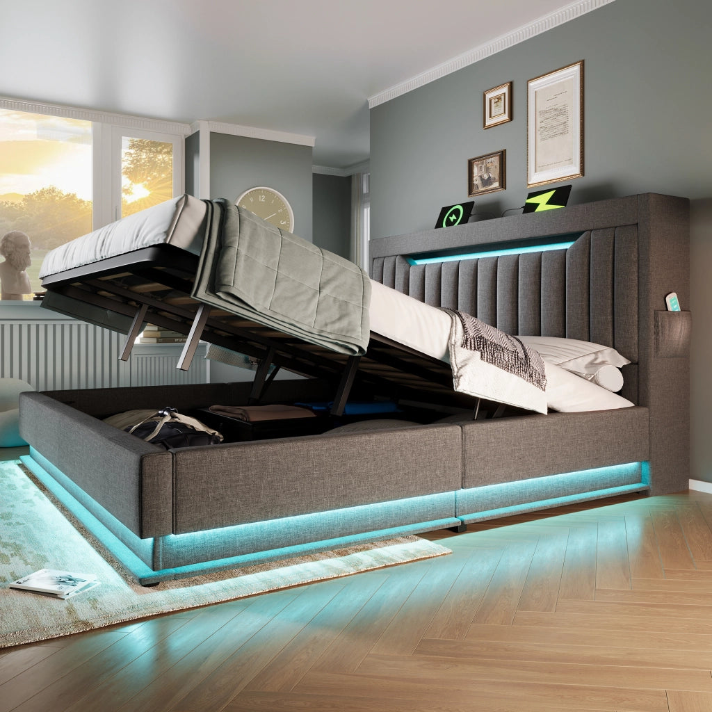 Letto matrimoniale – 180x200 cm – USBC LED testa/piedi contenitore – lino grigio