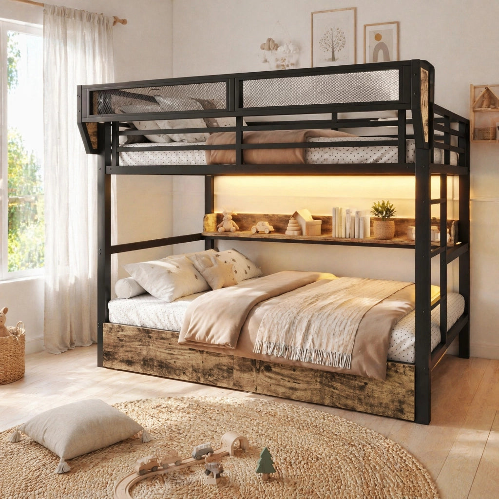 Letto a castello 140 × 200 cm in metallo e MDF nero con LED ripiani cestino e due cassetti
