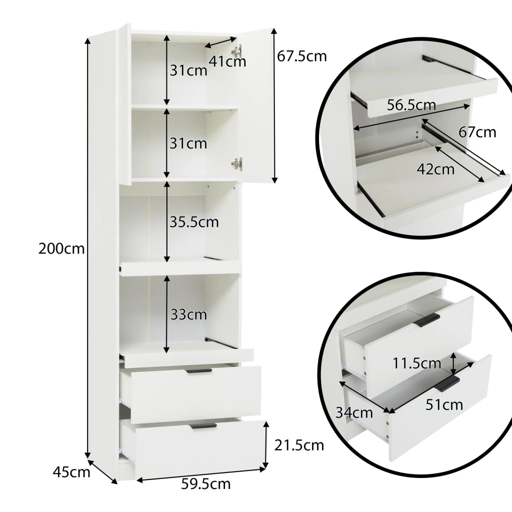 Mobile dispensa da cucina 200 cm con 2 cassetti e vani aperti; bianco