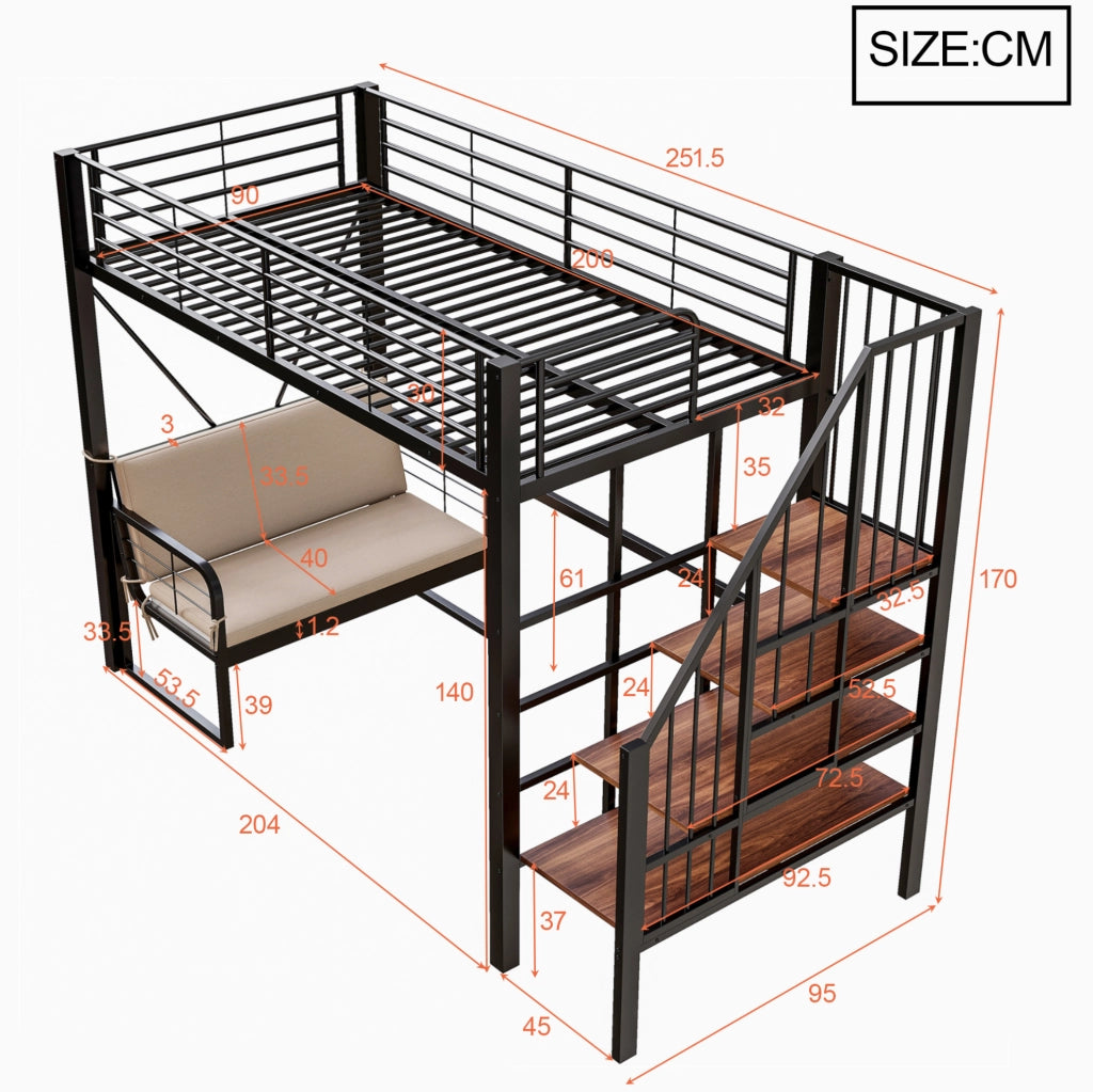 Letto a castello 90x200 cm con divano removibile e scala contenitore in metallo